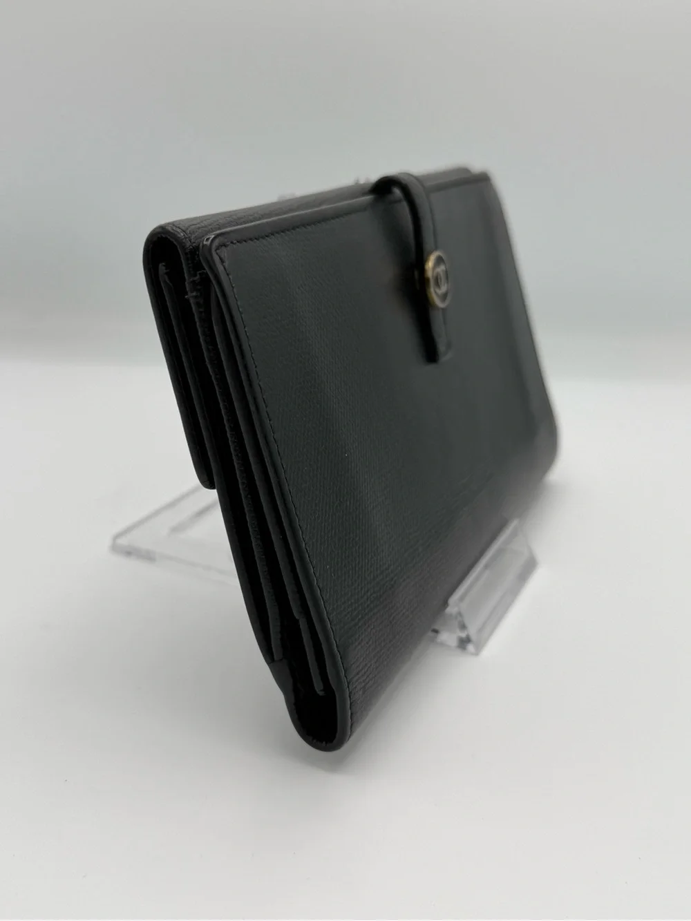 CHANEL Black Leather CC Caviar Button Long Wallet Bifold Vintage
